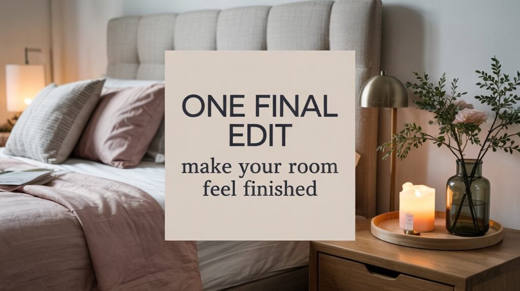 Sunday afternoon bedroom styling: pillows, throw, bedside lamp and centered text box.