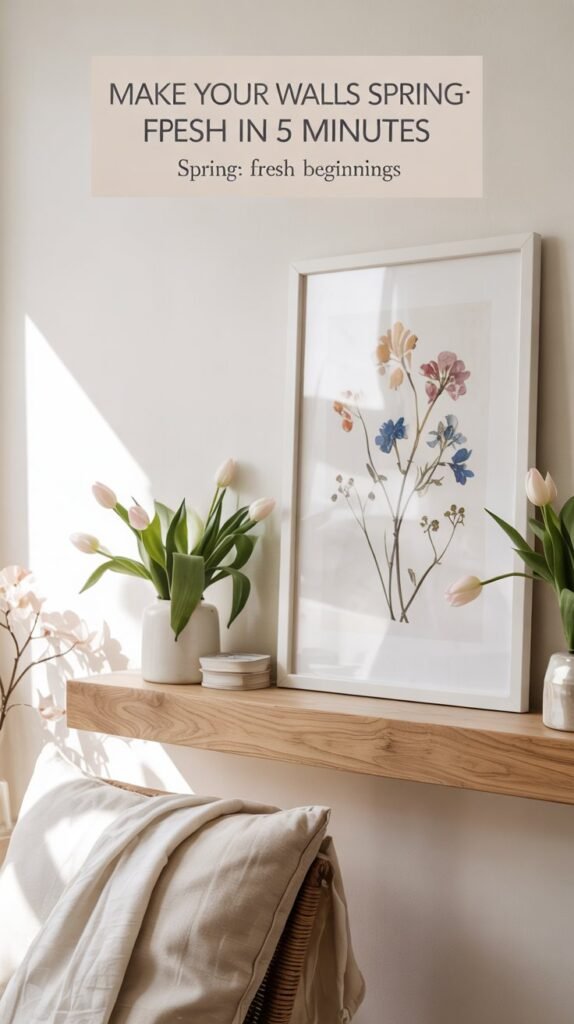 Spring wall styling with pressed-flower art on a floating shelf, blush tulips and mint accents, spring fresh wall decor ideas