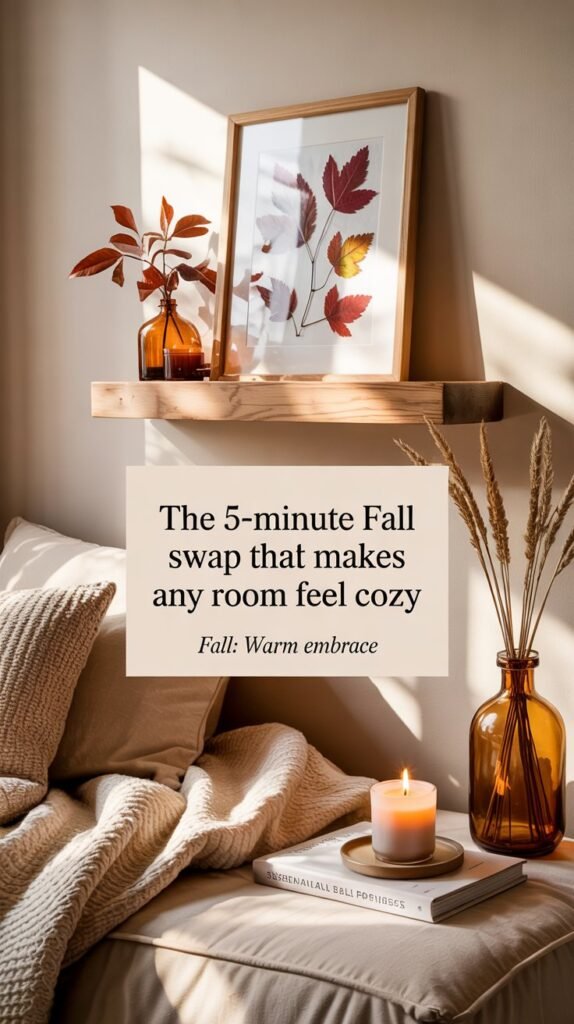 Autumn wall styling with pressed leaves in a frame, amber vase with dried wheat, knit throw and warm wood shelf, fall wall decor ideas.