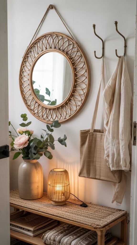Round rattan mirror above matte‑brass hooks holding a linen tote, styled console with vase of eucalyptus, woven basket and layered rugs