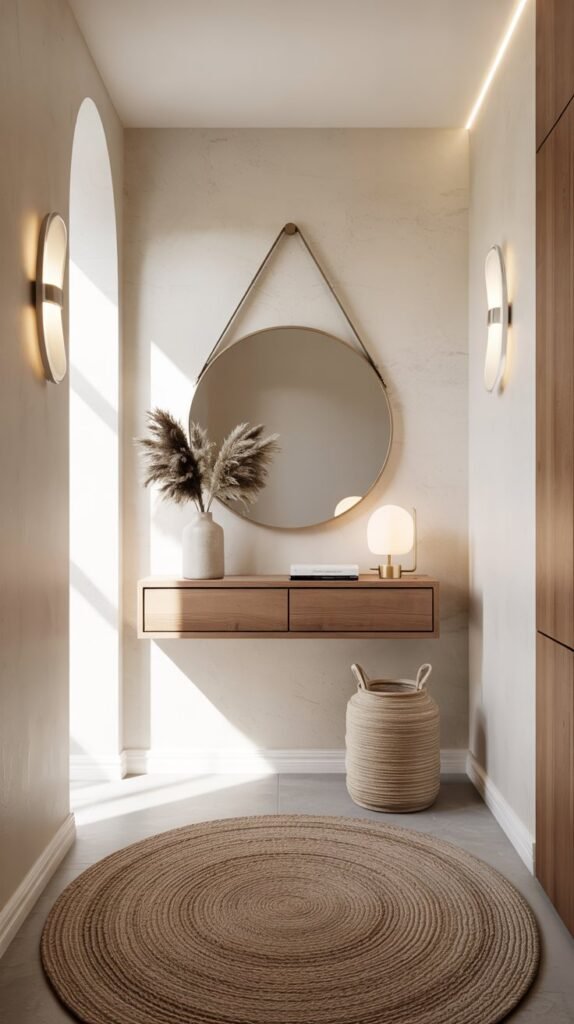 Warm Scandinavian hallway with layered lighting, pendant, wall sconces and LED baseboard, slim console, round mirror and pampas gras