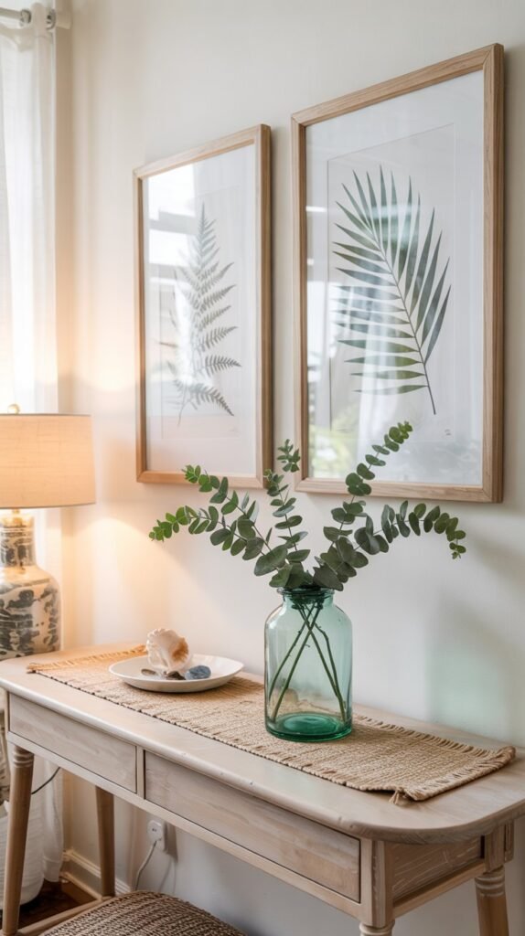 Two light‑framed botanical prints above a light‑wood entryway table styled with a sea‑glass vase of eucalyptus and a jute runner.