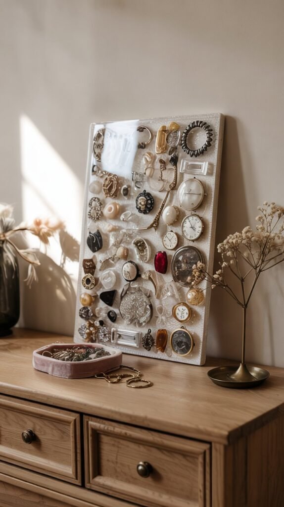 Shadowbox resin panel filled with broken jewelry and watch gears, leaning on an oak console with dried flowers nearby