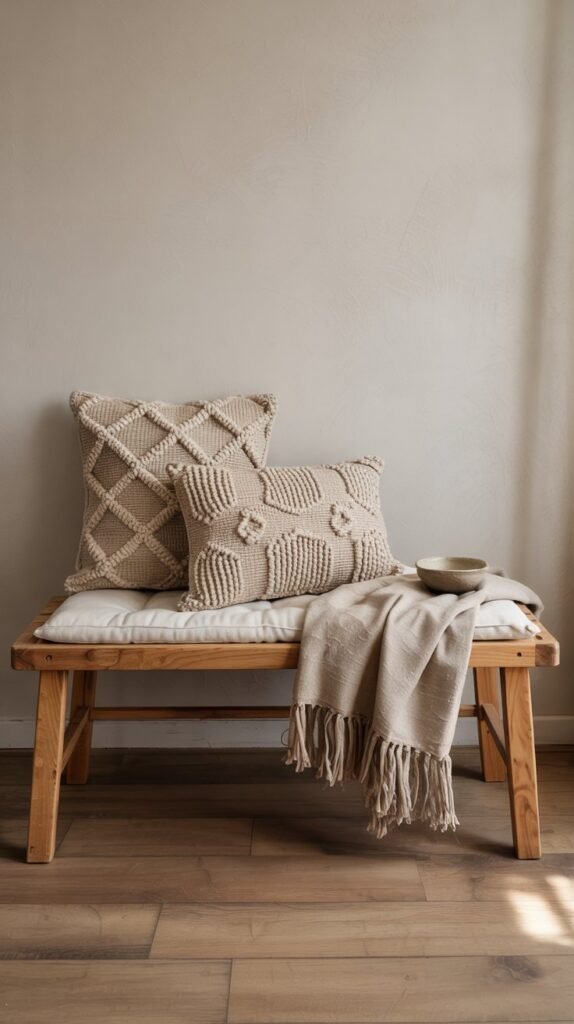 macramé cushions · boho bench · textured entryway