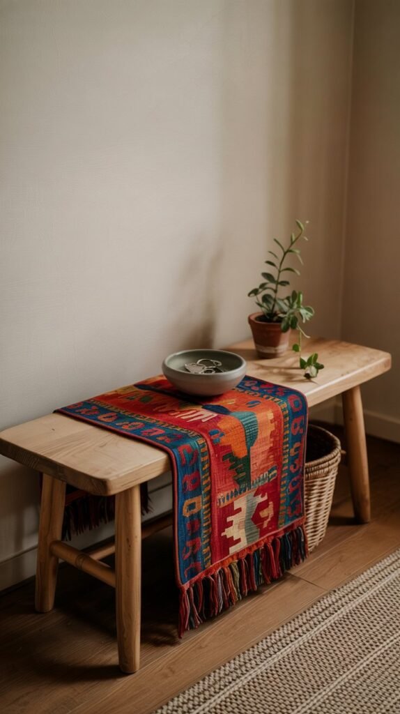  boho bench · entryway decor  Kilim runner