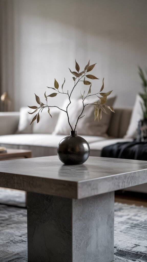 Minimalist side table with a slender vase holding a single dramatic stem or branch in a contemporary living room