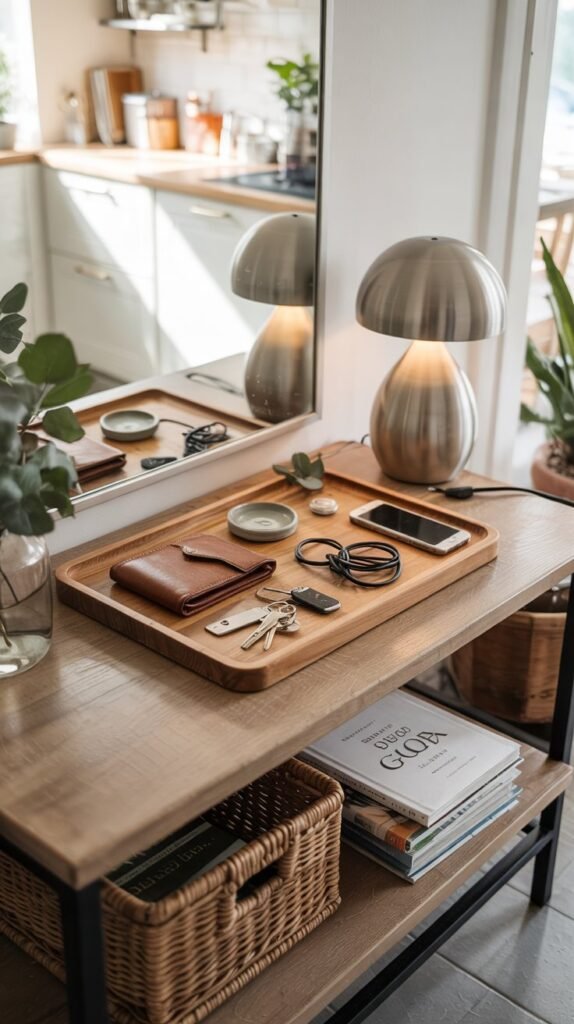 photo of a slim console table with a shallow wooden tray (2–3" deep) near an outlet holding keys, a wallet, a phone on a charging cable, a small ceramic dish for coins, and a sprig of greener