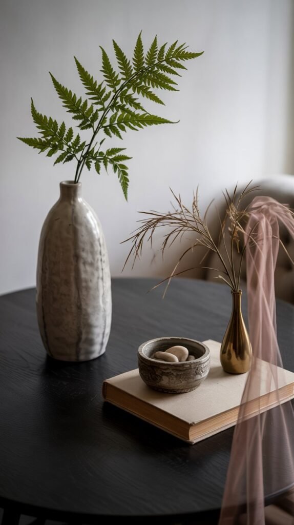 Asymmetrical coffee-table styling: tall ceramic vase left, stacked books and small bowl right on a dark tabletop with a soft blush overlay.
