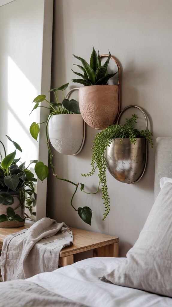 Three wall-mounted ceramic and metal planters with trailing pothos, snake plant and string-of-pearls on a pale grey bedroom wall.