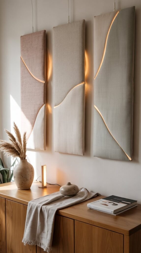 Three floating fabric panels with warm LED backlight above a styled oak console.