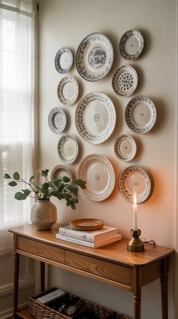 Gallery wall of assorted thrifted plates in complementary patterns above a warm‑oak console with eucalyptus and brass accents