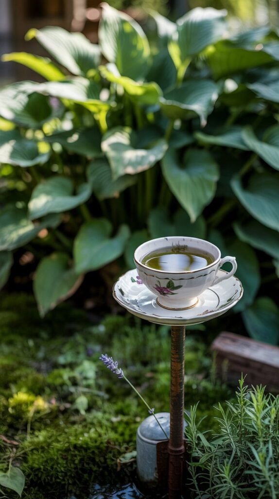  vintage teacup bird bath filled with water against a blurred green garden background.