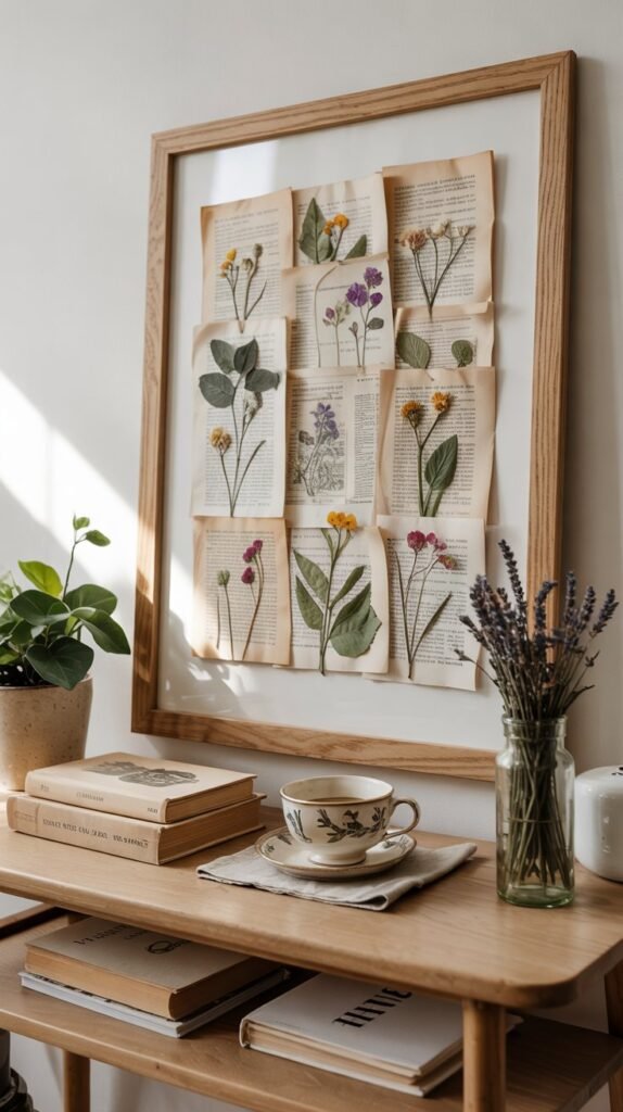 Framed collage of vintage book pages with pressed botanicals above a wood console styled with vintage books and a small bottle of dried lavender.