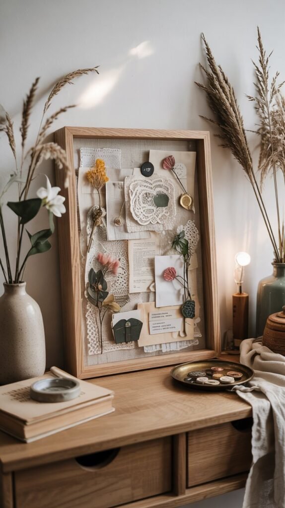 Thrifted ornate shadowbox layered with vintage lace, pressed flowers and brass trinkets above a warm‑oak console in soft natural light