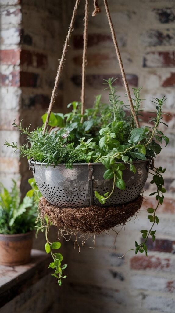 Metal colander hanging planter lined with coir and trailing herbs against a blurred garden background.