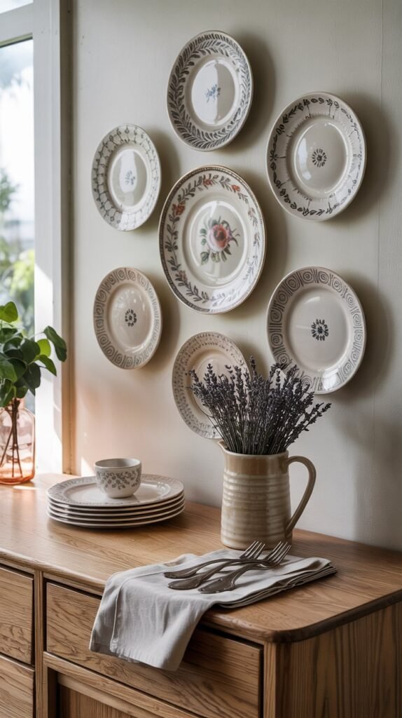 "Clustered vintage plates arranged on a wall above an oak sideboard styled with a ceramic pitcher of dried flowers and linen napkins."