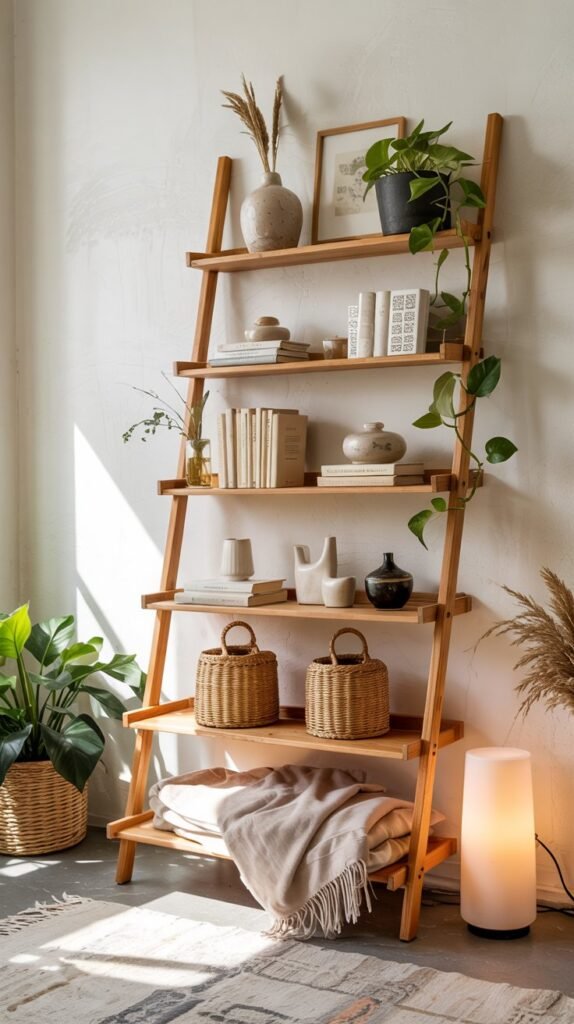 Warm‑oak ladder shelf leaning against a pale wall, styled with seagrass baskets, ceramic vases, books, and a trailing pothos