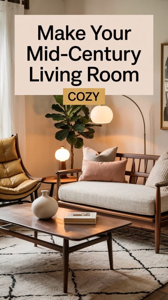 walnut sofa, curved lounge chair, mid Century Modern Living Room 